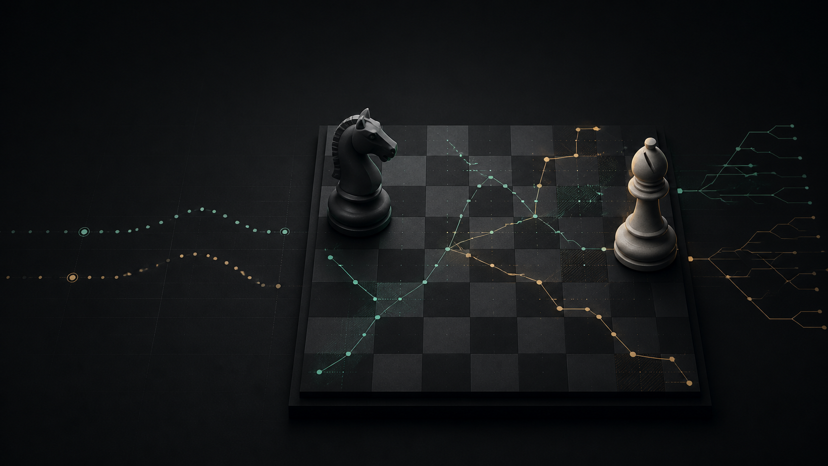 Dark chessboard with two contrasting pieces and mint and amber data paths representing a player comparison